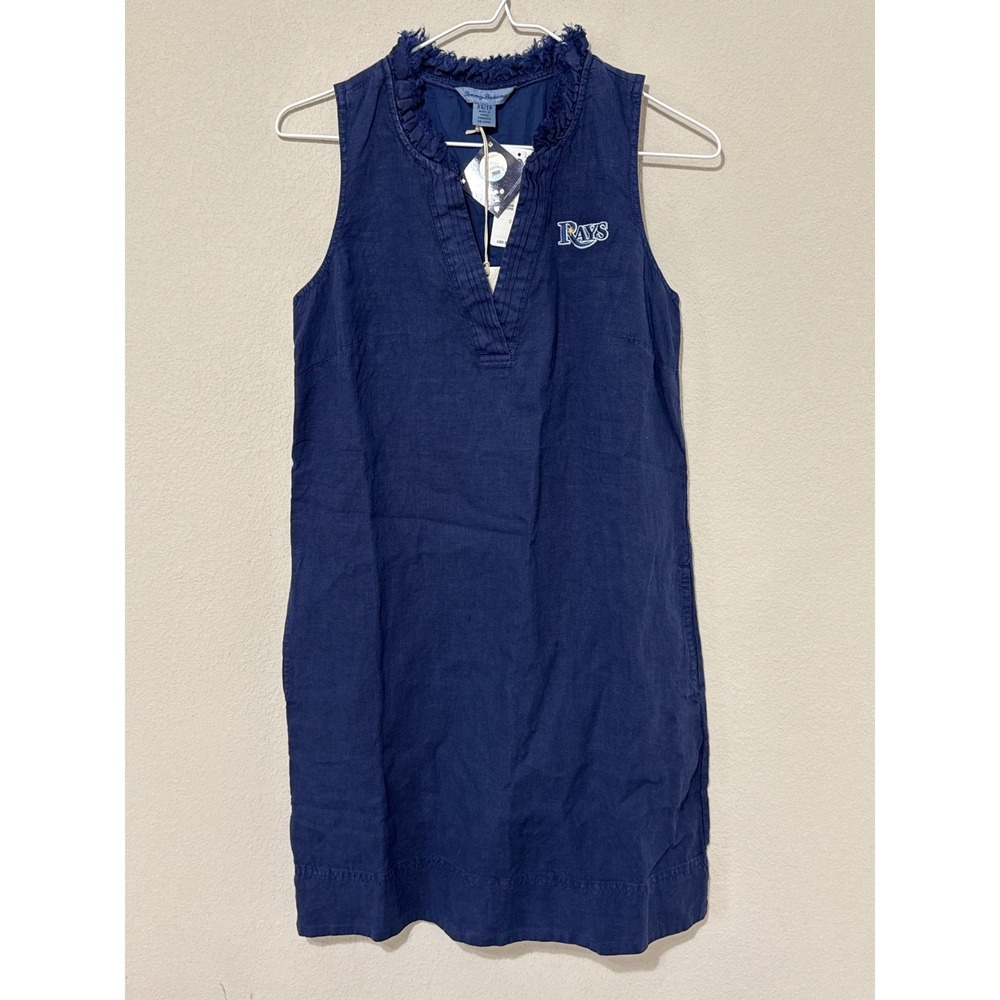 NWT Tommy Bahama Tampa Bay Rays Linen Dress Womens XS‎ Navy Blue MLB Ruffle Neck